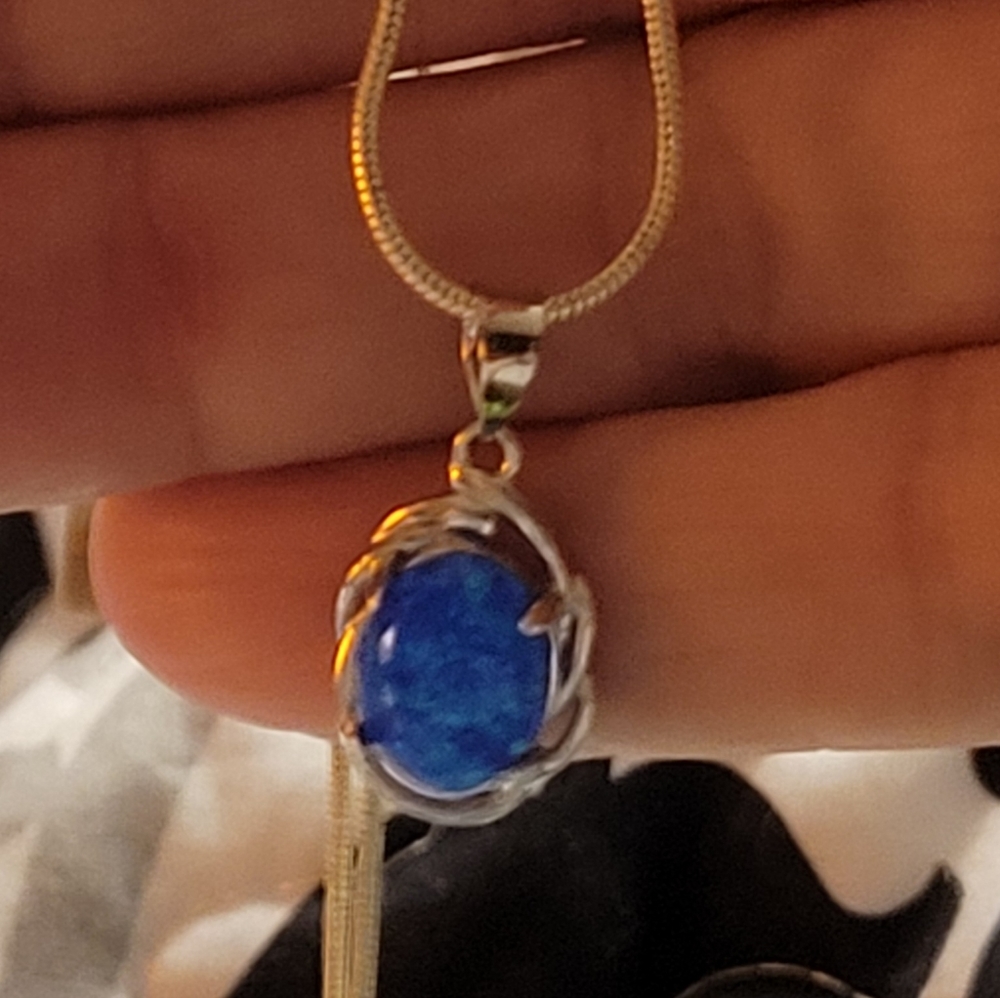 !Stamped! 8x10 oval blue natural opal with 22" 925 chain and  pendant setting.